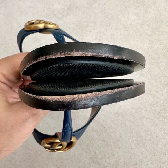 Gucci GG Marmont Sandals Navy Blue Leather Thong Flats Flip Flops EU 39.5 US 9.5 - Picture 8 of 12